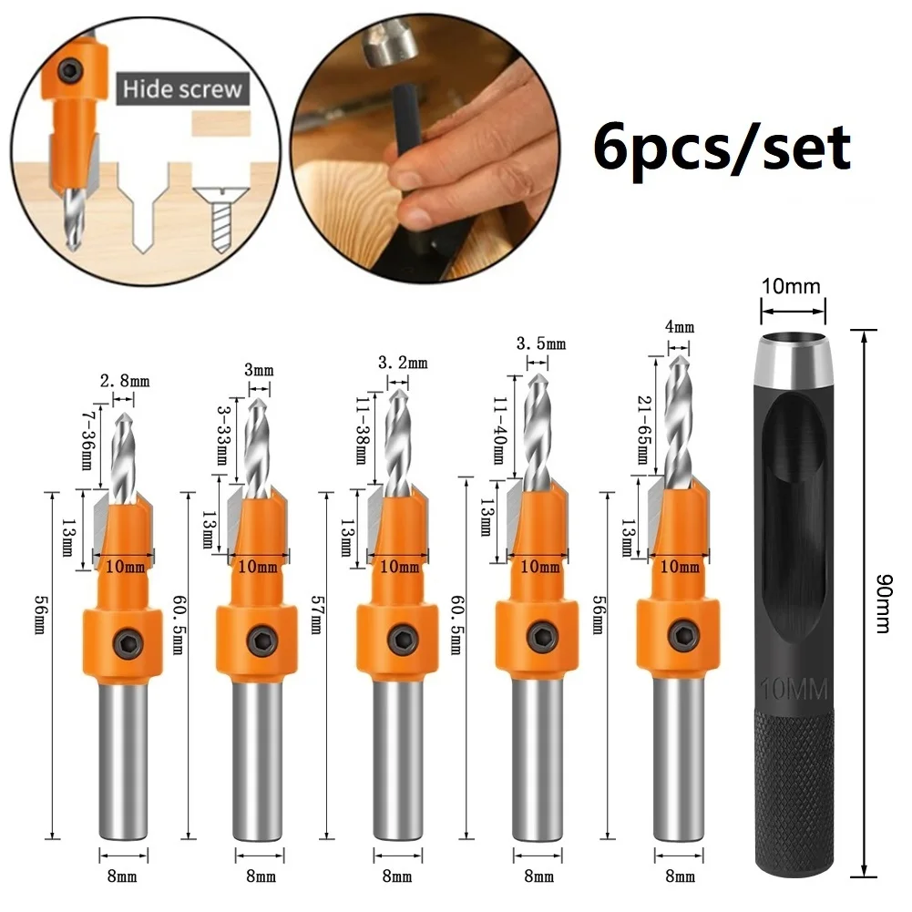 

6Pcs/set 10mm Woodworking Countersink Router Bit 8mm Shank YG6X 2.8/3/3.2/3.5/4mm Punching Drill Screw Extractor Milling