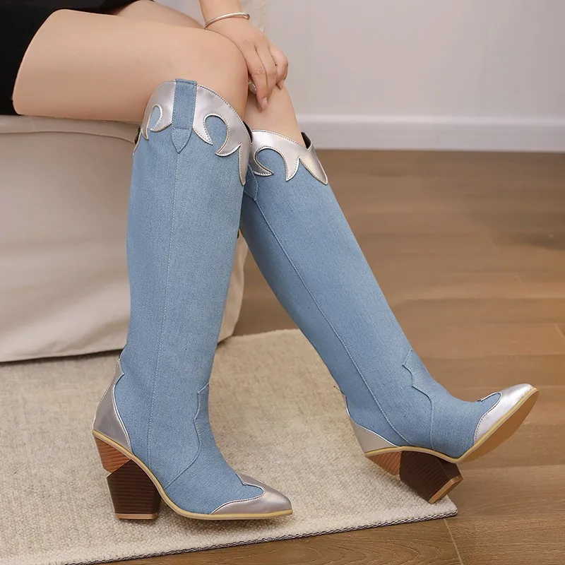 

New Snake Print Stitching Boots Mixed Color Knee High Boots Winter Women Shoes Pointed Toe Cowgirl Denim Western Boots Plus Size
