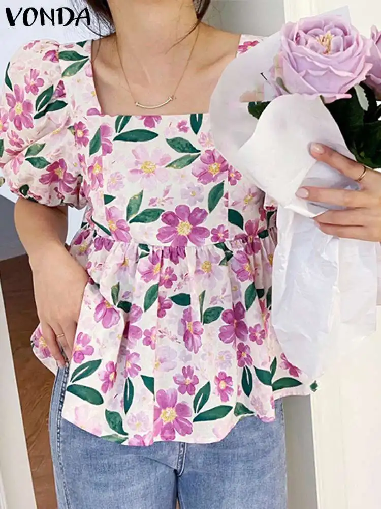 

Женская летняя рубашка VONDA Y2K с цветочным принтом, хлопковая блузка с квадратным воротником, Женская Повседневная Уличная блузка с коротким ...