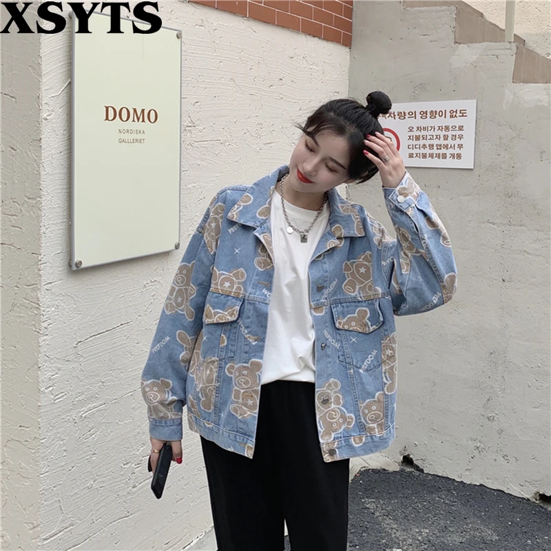 

Женская джинсовая куртка с длинным рукавом, свободная джинсовая куртка с винтажным принтом, весна-осень 2022