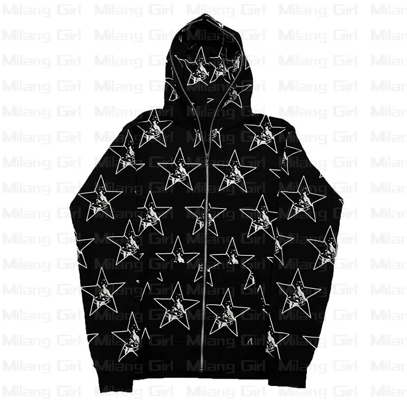 

Толстовка с капюшоном на молнии, с принтом звезд, спортивное пальто, пуловер, Готическая Толстовка с длинным рукавом, большие размеры, Y2k кур...