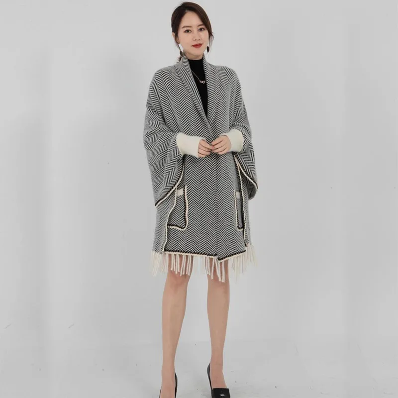 Вязаный свитер для женщин шаль модный кардиган с карманами и кисточками накидка