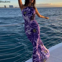 new summer sexy maxi dress one shoulder women purple orchid print long summer dresses elegant backless club party beach vestidos