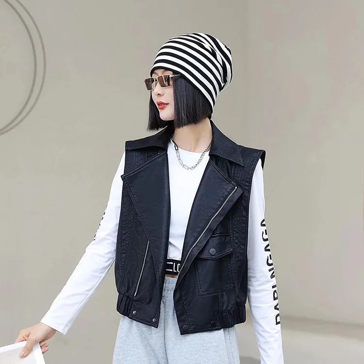 KoHuiJoo Korean Short Leather Coat Women Sleeveless Waistcoat Top 2022 Autumn Turndown Collar PU Leather Casual  Zippers Jacket