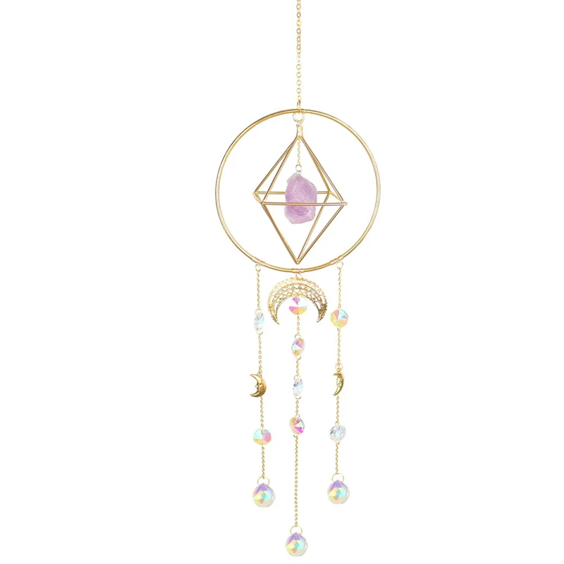 

Amathyst, Handmade Gold-Plated Moon Phase Sun Trap, Colored Crystal Sunshade, Prism Sunshade, Window Hanging