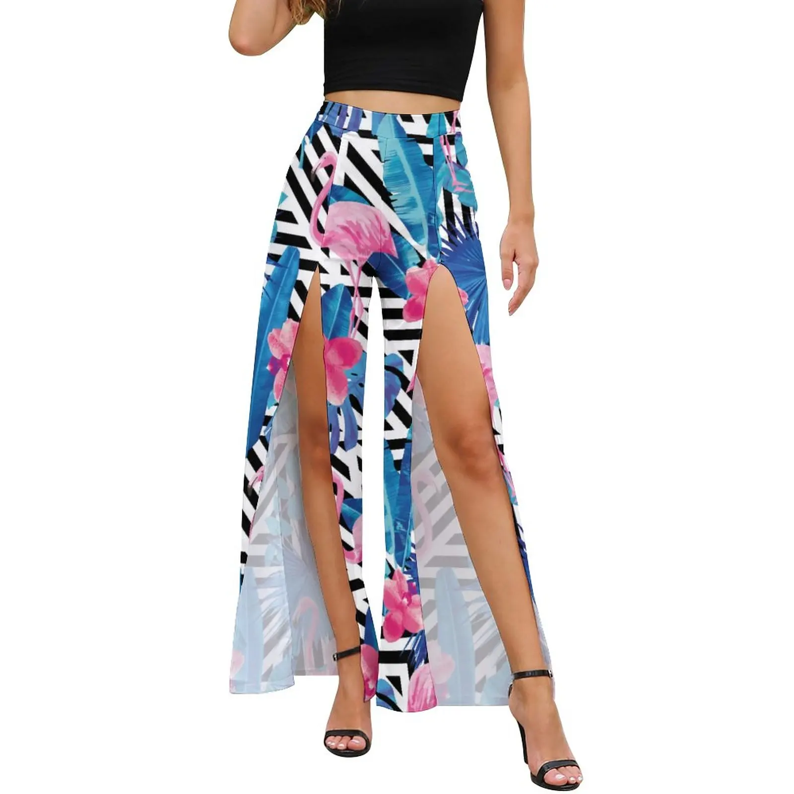 

Flamingo Art Pants Ladies Stripe and Leaf Print Club Pattern Wide Leg Pants Summer Front Slit Street Fashion Trousers
