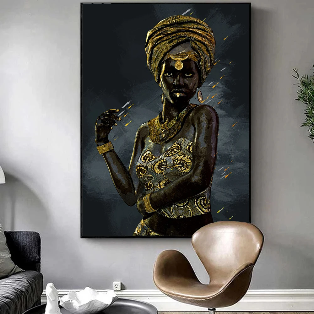 

African Black Woman Canvas Art Posters Golden Women Prints Modern Gold Canvas Paintings on The Wall Art Pictures Wall Decor