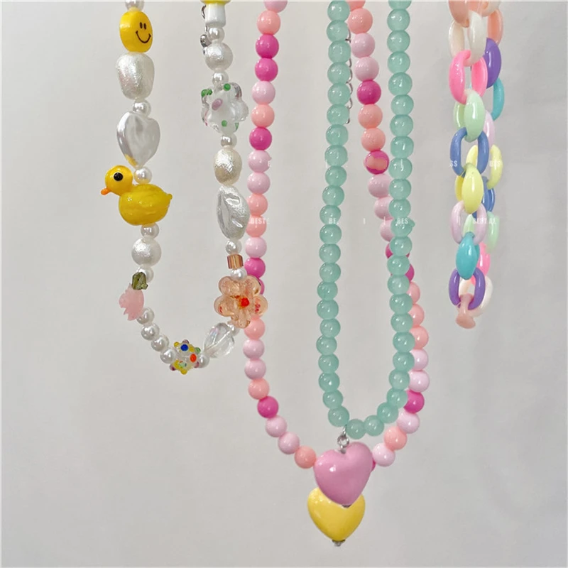 

Kpop Vintage Goth Harajuku Aesthetic Flower Heart Pendant Pearl Beaded Chain Collar Choker Necklace For Women Y2K EMO Jewelry