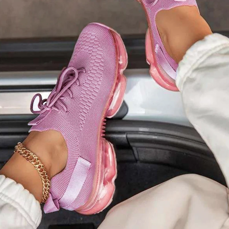 Women Mesh Air-Cushion Sneakers White Platform Knitted Vulcanized Running Sports Shoes Lightweight Breathable 2021 Summer Autumn