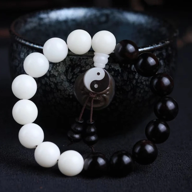 

Natural Bodhi + Ebony Bracelet Rosary Philosophy Symbol Beads Divination Symbol 12mm Wooden Bead Bracelet