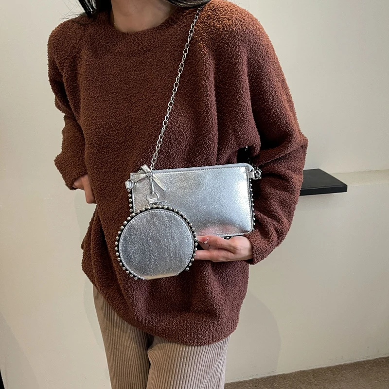 

Small Satchel Women Shoulder Bag 2 Pieces Set Messenger Bag For Women Black Silvery Handbags With Round Coin Purse Femme Bolsas