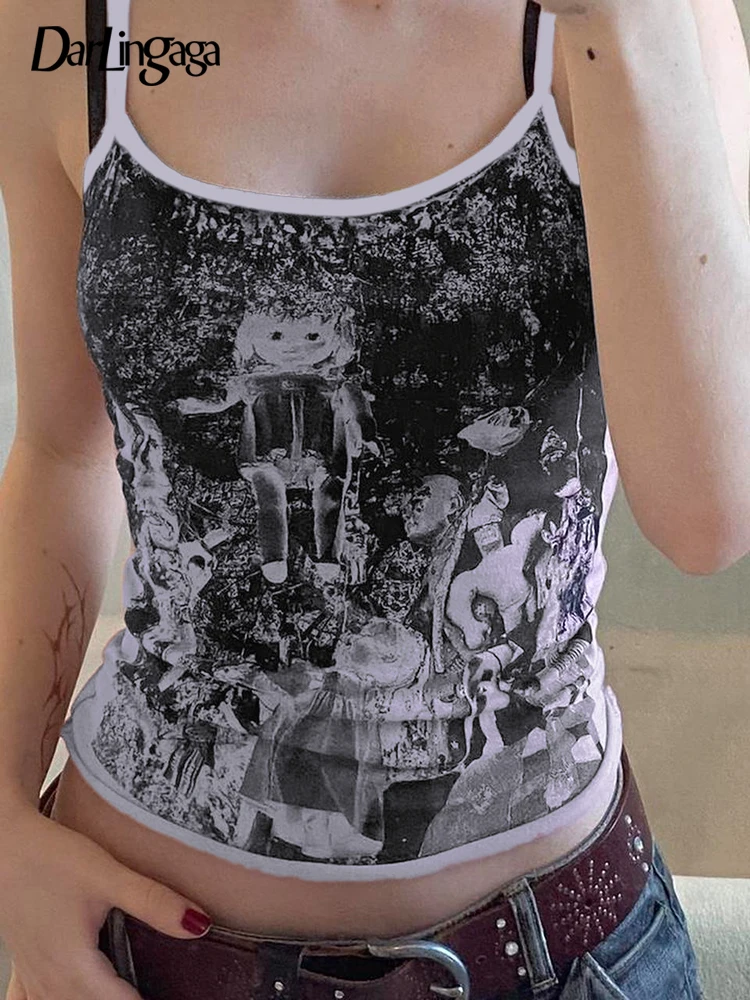 

Darlingaga Streetwear Grunge Graphic Printed Straps Camis Tops Slim Skinny Vintage Summer Crop Top Female 90s Aesthetic Clothes