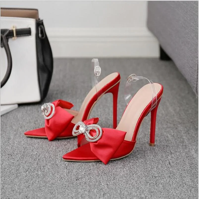 

2022 Silk Butterfly-knot Women slippers Mule high heels Slippers Sandals flip flops Pointed toe Strappy Slides Party shoes