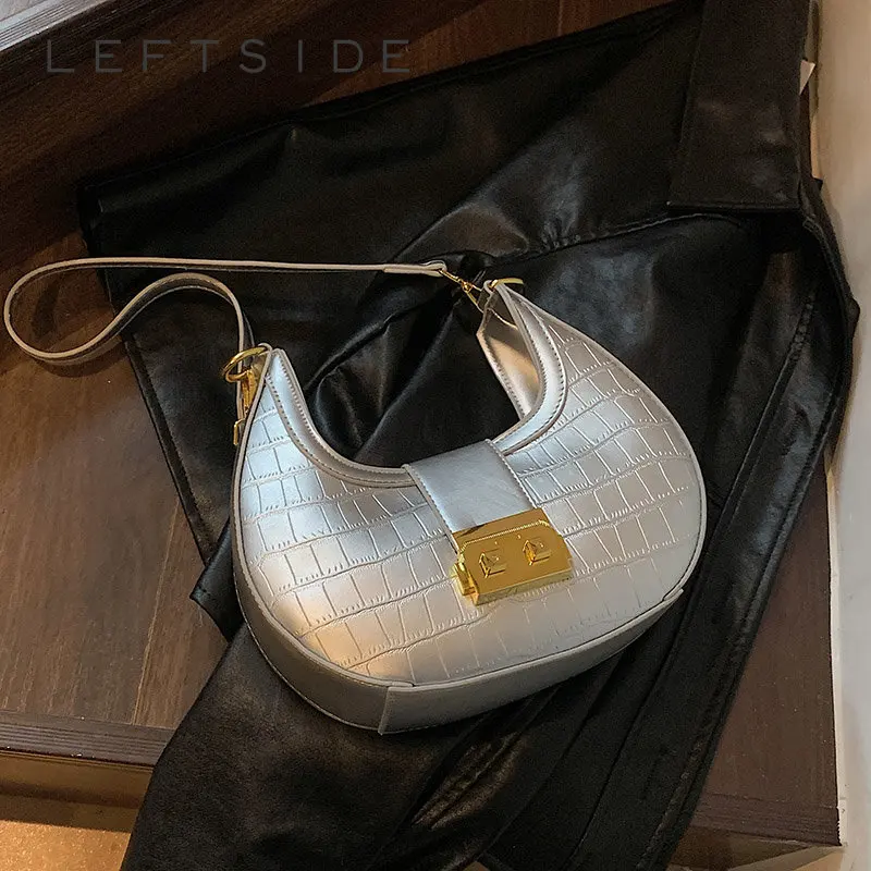 

Silver Stone Pattern Underarm Shouder Side Bags for Women 2023 Y2K Small Glossy PU Leather Luxury Brand Female Handbags