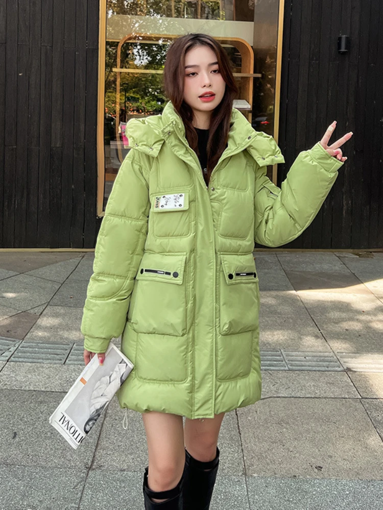 Long Coat Women Hooded Puffer Jacket Letter Patches on Arm Fashion Cotton Padded Bubble Winter Warm Parka Bear -25centigrade