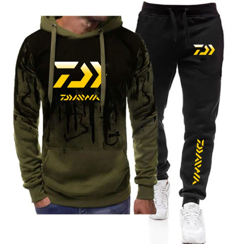 

2022 Daiwa Fishing Brand Men Tracksuit 2 Piece Set Gradient Color Hoodies Sweatshirt And Pants Sportswear Male Suit