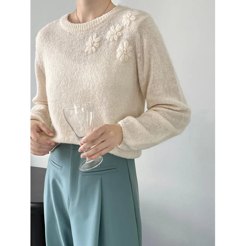 

Women Hollow Out Flower Embroidery wool Sweater Autumn Round Neck Soft Mohair Long Sleeve Knitted Pullovers Solid Tops 2022
