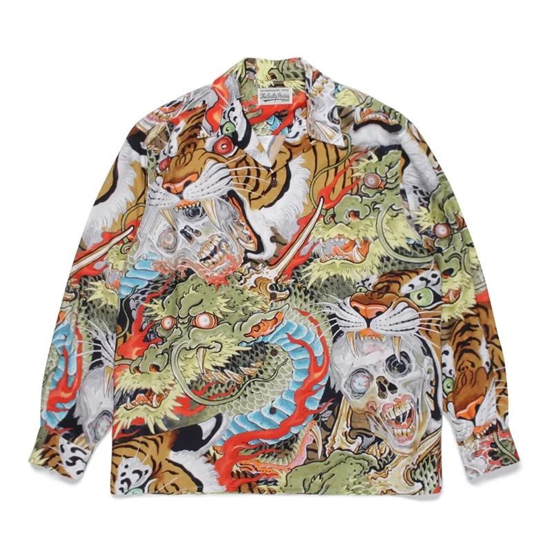 

Long Sleeve WACKO MARIA Flame Yellow Tiger Green Dragon Skulls Print Pattern Shirt Men Women Oversize HAWAII Beach Shirt JAPAN