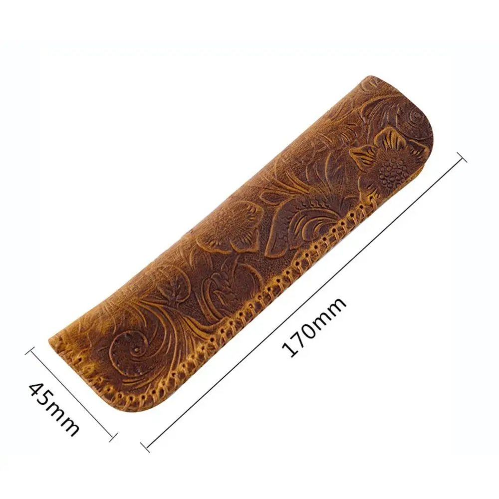 New Retro Genuine Leather Brown Embossing Flower Pencil Pouch Gift Protection Case Pen Bag Storage Bag images - 6