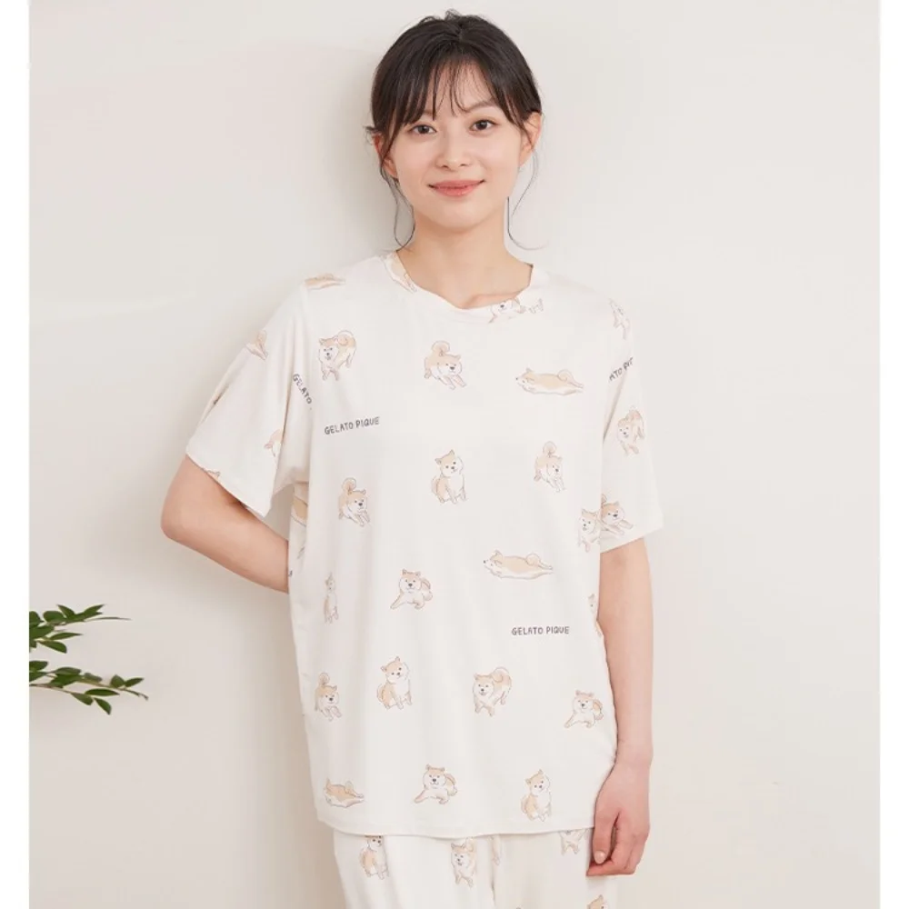 T-shirt Trousers Dress Sleepwear Short Set Room Wear Gelato Pique Summer Women's Pajama Bottoms Shiba Inu Printed  Modal Cotton