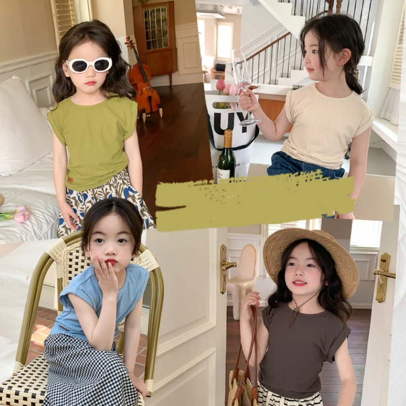 

2023 Summer New Tops for Kids Fashion Girls T Shirt Baby Girl Vintage Cotton Tshirts Children Tees Colored Toddler Outfits