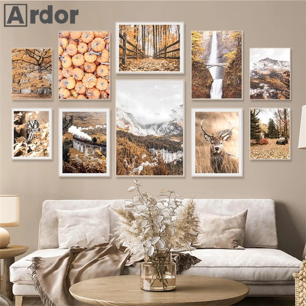 Настенный постер в скандинавском стиле с изображением тыквы и листьев поезд гора