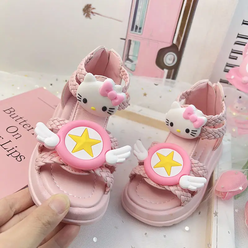

Сандалии Sanrio для девочек с мультипликационным принтом, модные повседневные туфли HelloKitty на мягкой подошве для маленьких девочек, обувь на платформе и каблуке