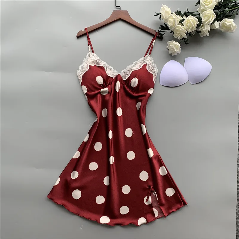 

Women's Silk Pajama Sling Dress Sexy V Neck Lace Trim Pajamas Polka Dot Summer Dress Sleeveless Loungewear Pajamas