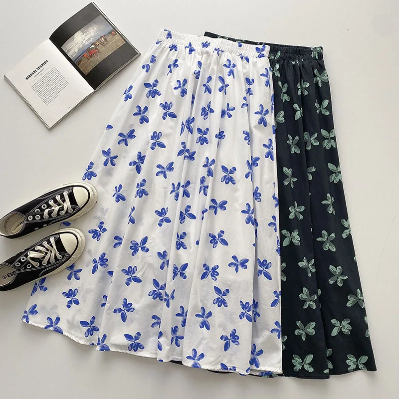 

Summer Floral Print Casual A-line Swing Cotton Long Skirt