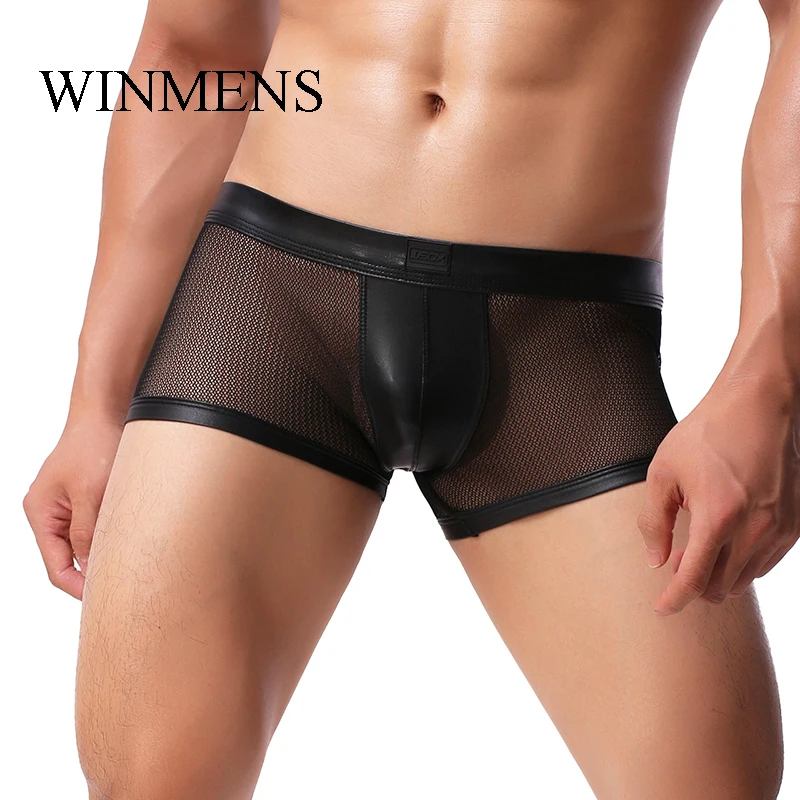 

Men's Leather Panties Mesh Fishnet Transparent Boxer Underwear Gay Sexy See Inner Trunks Sissy Erotic Breathable Lingerie