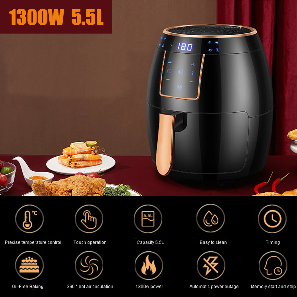 

1300W 5.5L Air Fryer Oil Free Health Fryer Cooker 110V/220V Multifunction Smart Touch LCD Deep Airfryer French Fries Pizza Bread