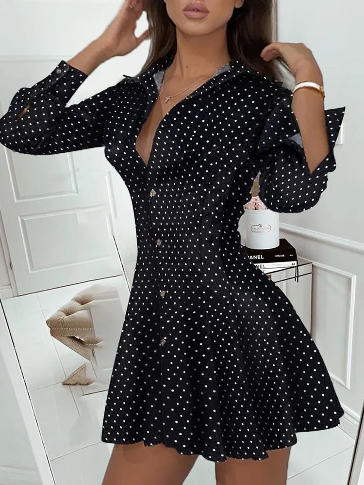 

Женское Плиссированное мини-платье в горошек, повседневное короткое платье с длинным рукавом и отложным воротником, одежда для работы, 2023