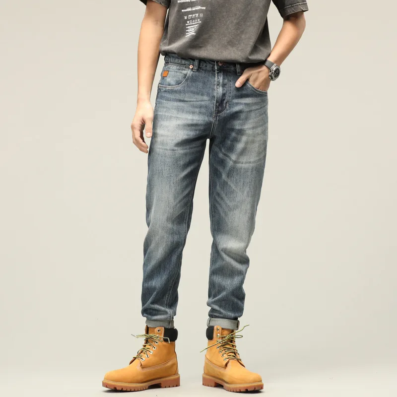 

Джинсы мужские прямые до щиколотки, модные брюки-султанки из денима с карманами, на пуговицах, джинсы скинни со средней талией, весна-лето