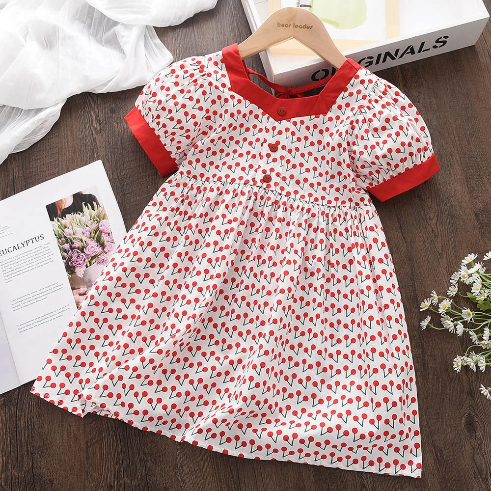 

Платье для девочек с цветочным принтом, новинка 2022, корейский костюм на день рождения с короткими рукавами для малышей, детское летнее плать...