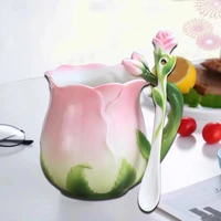 ceramic coffee mug european style enamel creative 3d rose flower shape teacups pastoral 4 colors breakfast milk cups with spoon