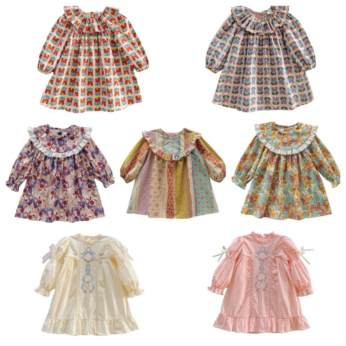 

Kids Girls Dress 2023 Autumn New Korean Ethnic Style Toddler Baby Girls Cute Printed Long Sleeved Flower Princess Dress
