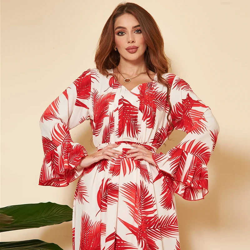 Printed Summer Abayas For Women Dubai 2022 With Belt Muslim Maxi Long Sleeve Fashion Hijab Dress Turkish Islamic Ladies Abaya