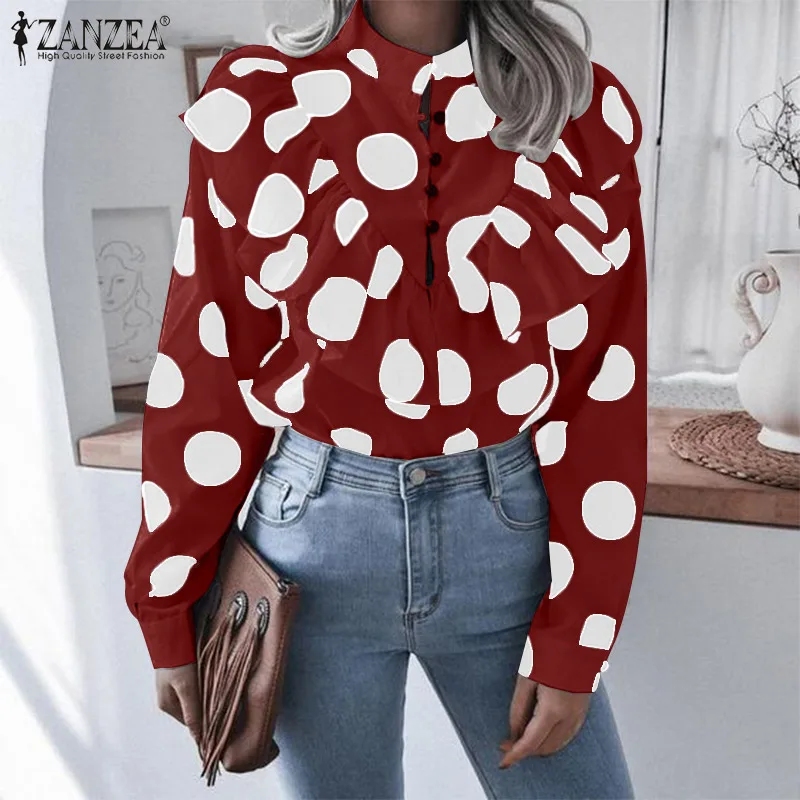 

ZANZEA Fashion Women Blouse Elegant Office Lady Shirt Spring Long Sleeve Ruffles Tops Casual Vintage Polka Dot Printed Blusas