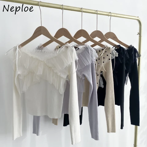 Neploe Preppy офисный женский пуловер с разрезом в горошек, вязаная вуаль в стиле пэчворк, вязаный японский свежий универсальный топ на шнуровке с оборками