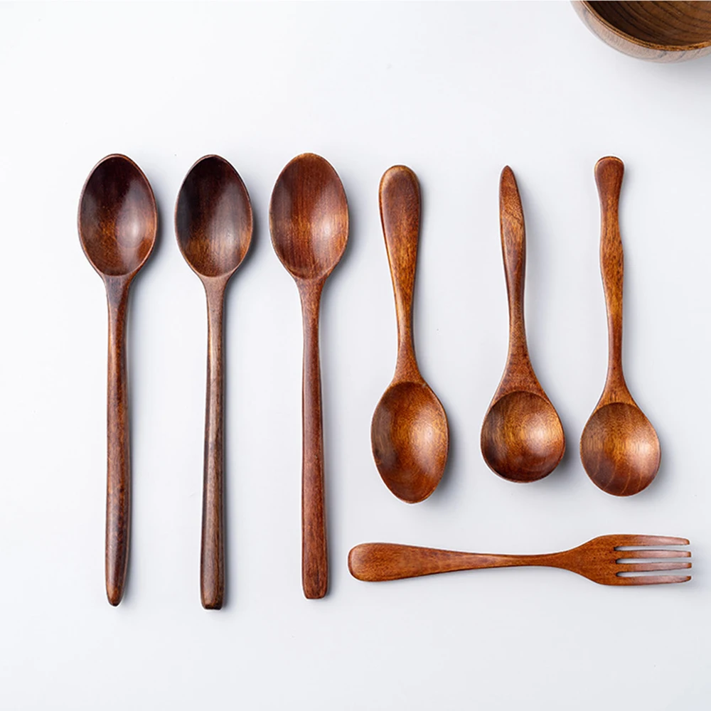 

Natural Wood Japanese-style Environmental Cooking Honey Coffee Spoon Mixing Long Handle Spoon Fork Household Portable Tableware