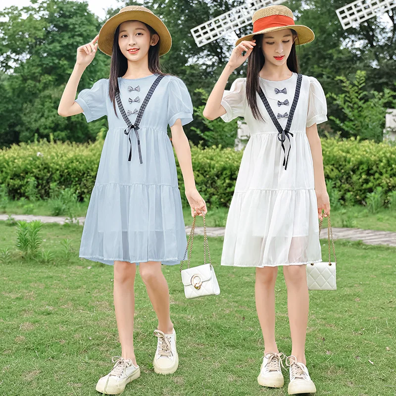 

2022 New Summer Round Neck Chiffon Girls Princess Dress Breathable Luxury Design Short Sleeve Stitching Dress Kids Short Skirt