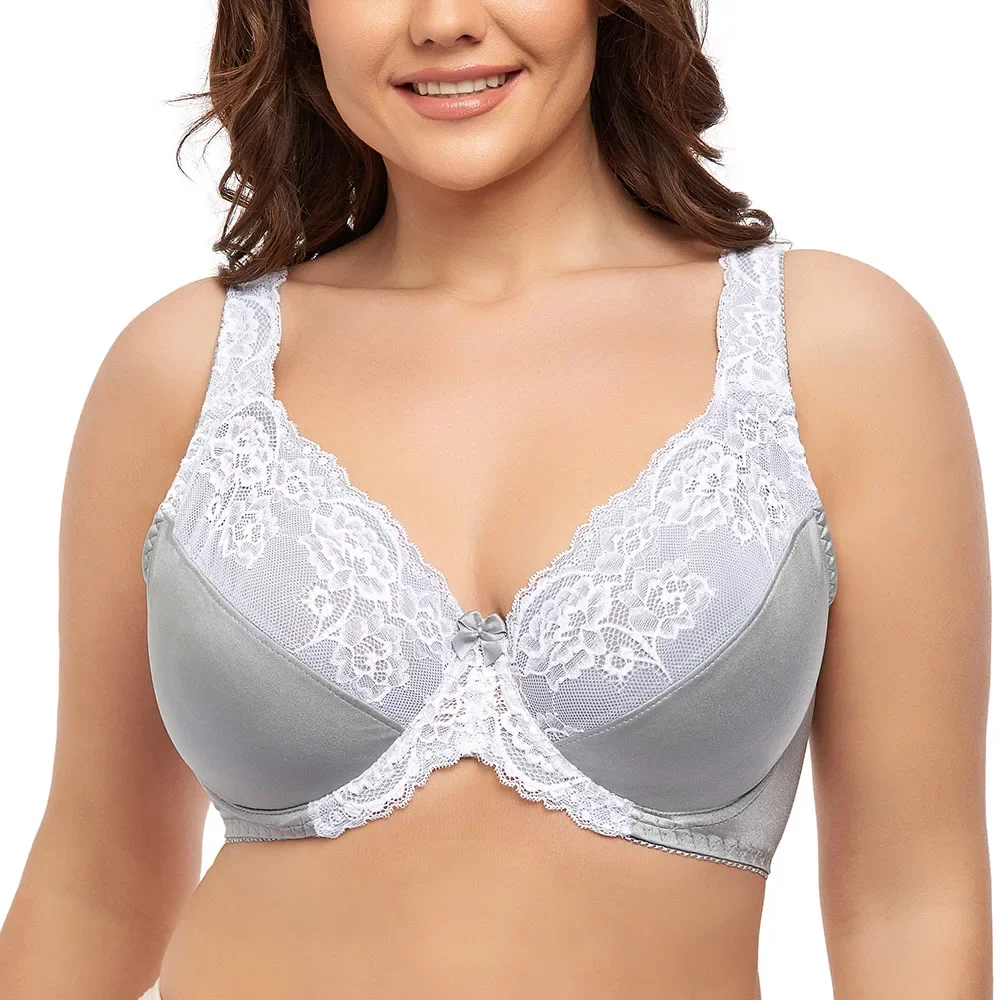 

Plus Size Bra Women Gray Sexy Lace Ultra-thin Minimizer Underwired Bralette Plus Size Lingerie C D DD E F G H I Cup