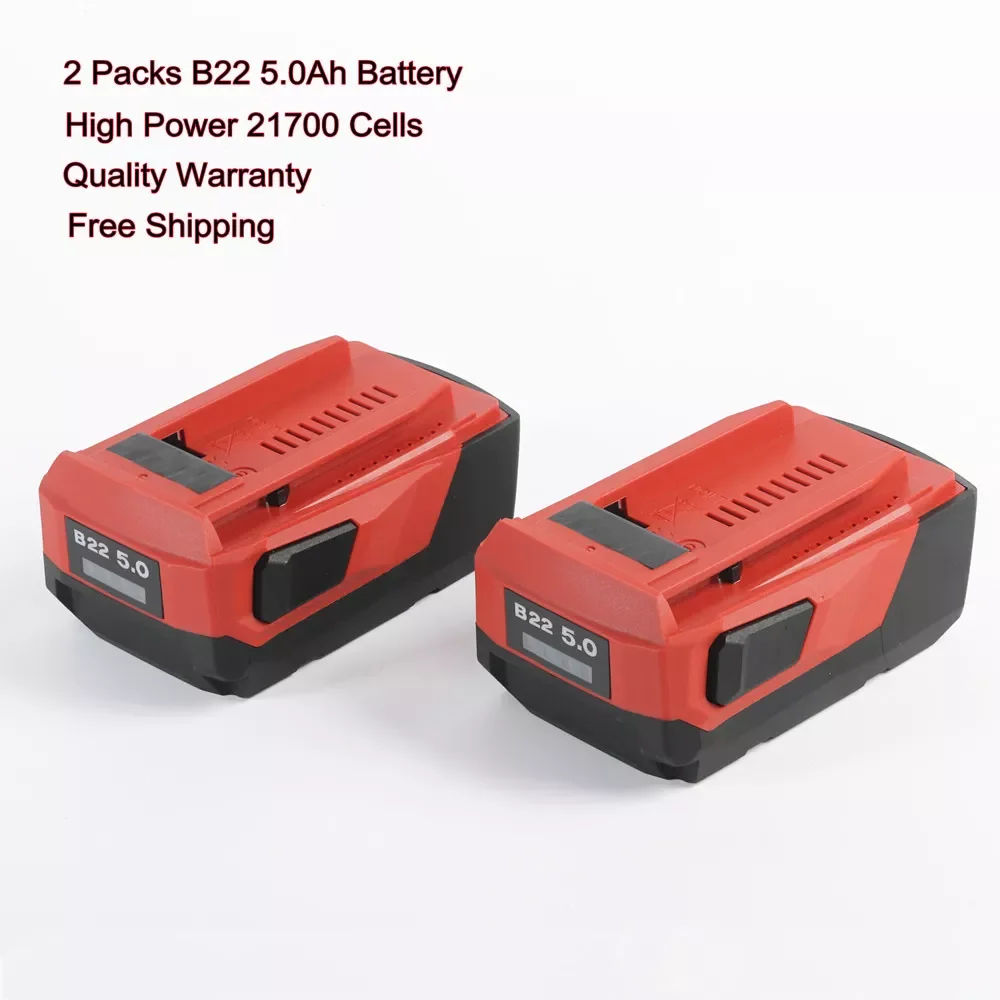 

Two Pieces New B22 22V 5.0Ah High Power Li-Ion Battery for Hilti 18V 21.6V 22V Cordless Power Tool for Hilti 22V Battery Tool