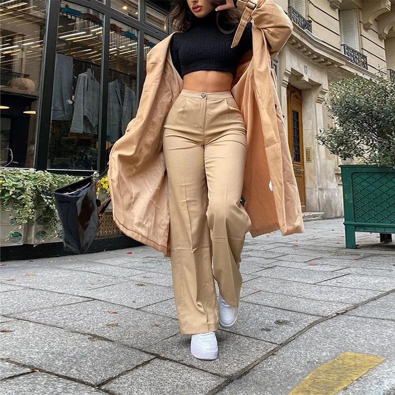 New Jeans Women Fashion Streetwear 2021 High Waist Solid Zip Up Button Wide Leg Pants Office Lady Sexy Slim Casual Trousers