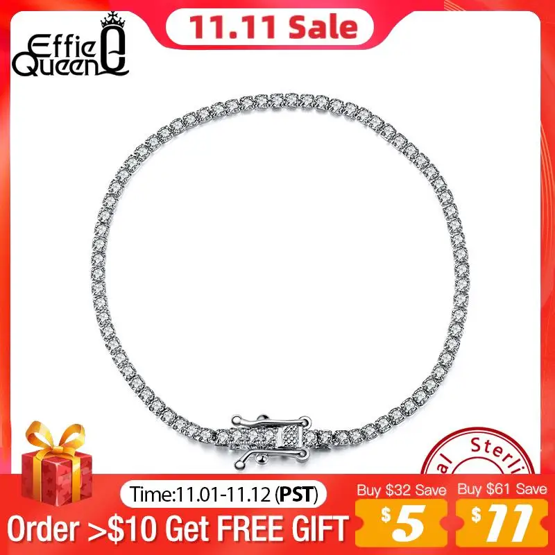 

Effie Queen Silver Tennis Chain Bracelet 2mm 3mm 4mm Zirconia Sterling Silver Wrist Bracelets for Women Men Hip Hop Jewelry BB61