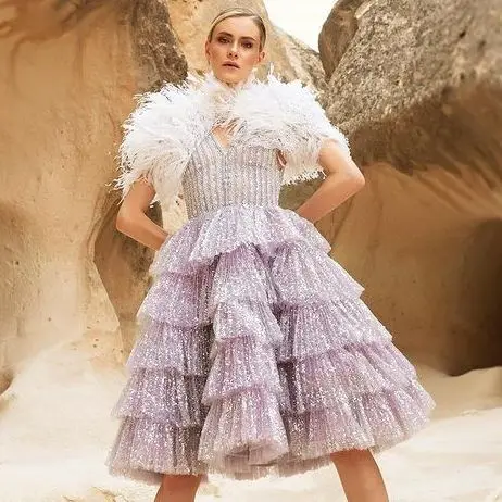 

Sparkly Party Dress V-neck Prom Dress Midi Dress Layered Puffy Organza Dress Sequin Dress Elegant Dresses For Women Light Purple