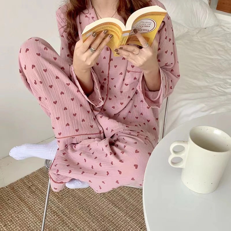 CAIYIER Peach Heart Woemn Korean Sleepwear Winter Cotton Sweet Girls Nightwear Long Sleeve Elastic Waist Homewear Pyjamas Mujer