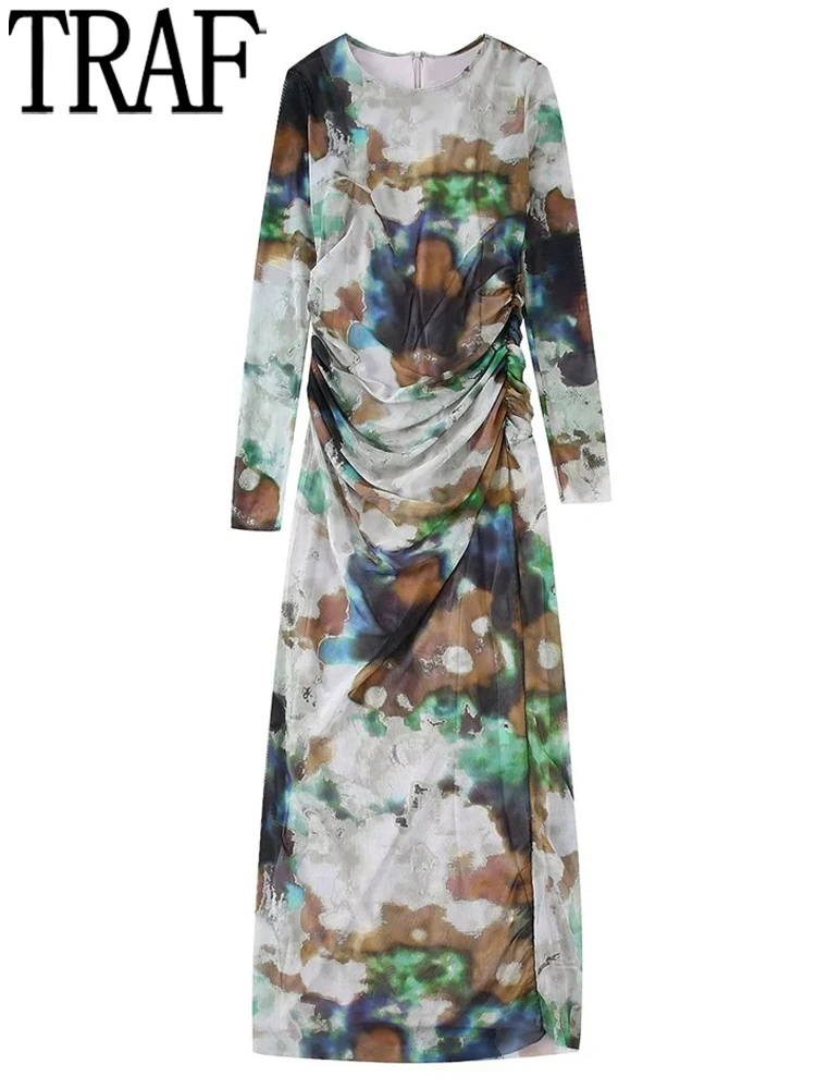 

TRAF Tie Dye Tulle Dress Woman Pleated Long Dress Women Long Sleeve Bodycon Dress Woman Autumn Evening Dresses for Women 2022