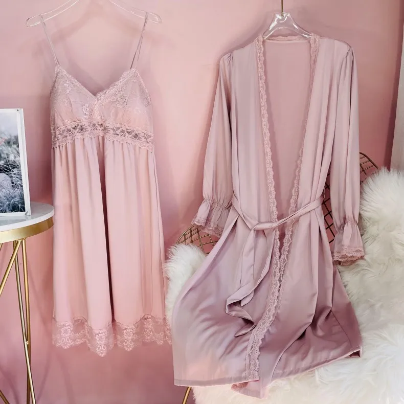 

Women Ice Silk Robe Gown Sets V-Neck Sexy Intimate Wedding Home Dress Lace Sweet Camisole Nightgown With Bra Intimate Sleepwear