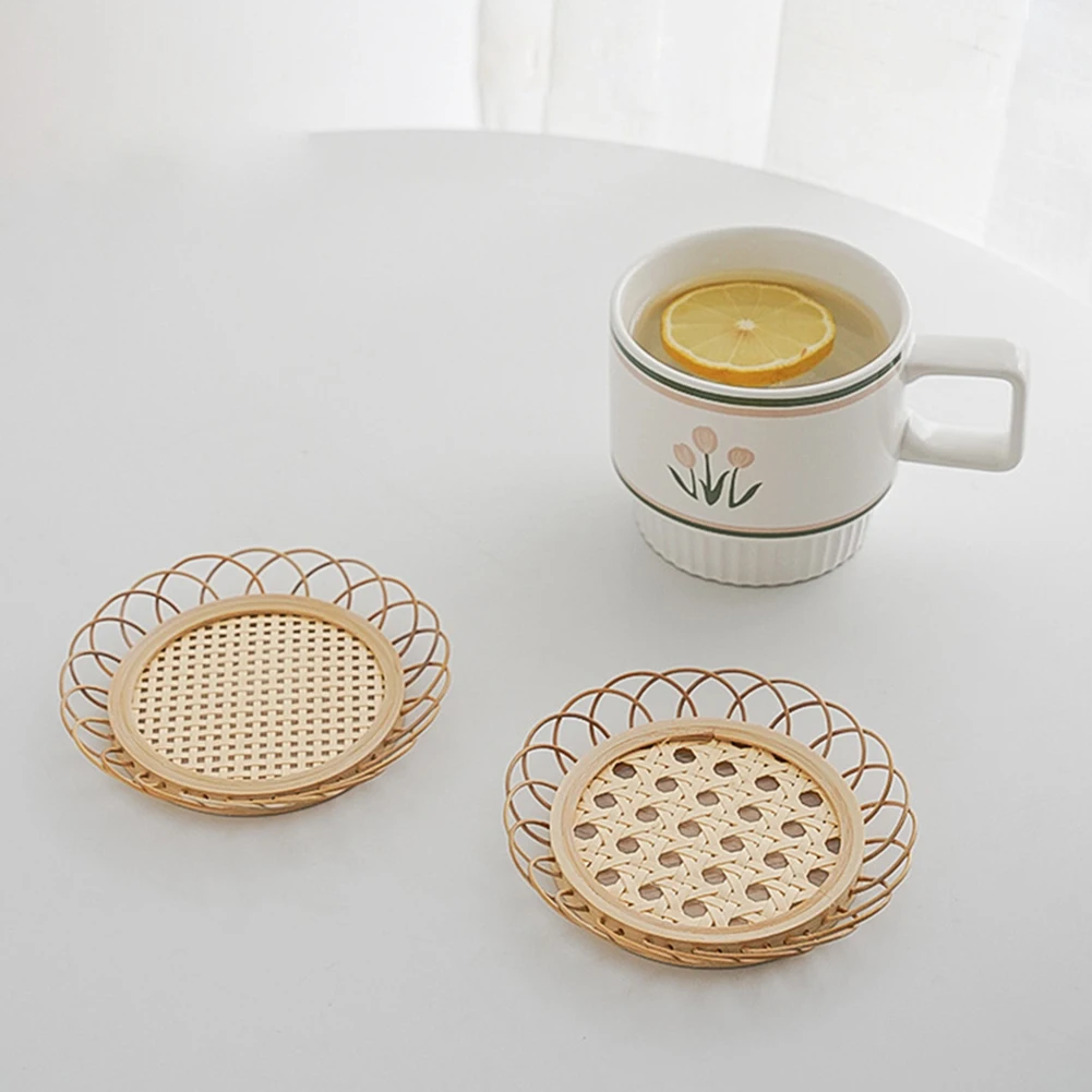 

Simple Style Drink Cup Coasters Japanese Mat Dining Table Placemat Bamboo Woven Saucer Mat Non-slip Pot Holder Rattan Woven Cup